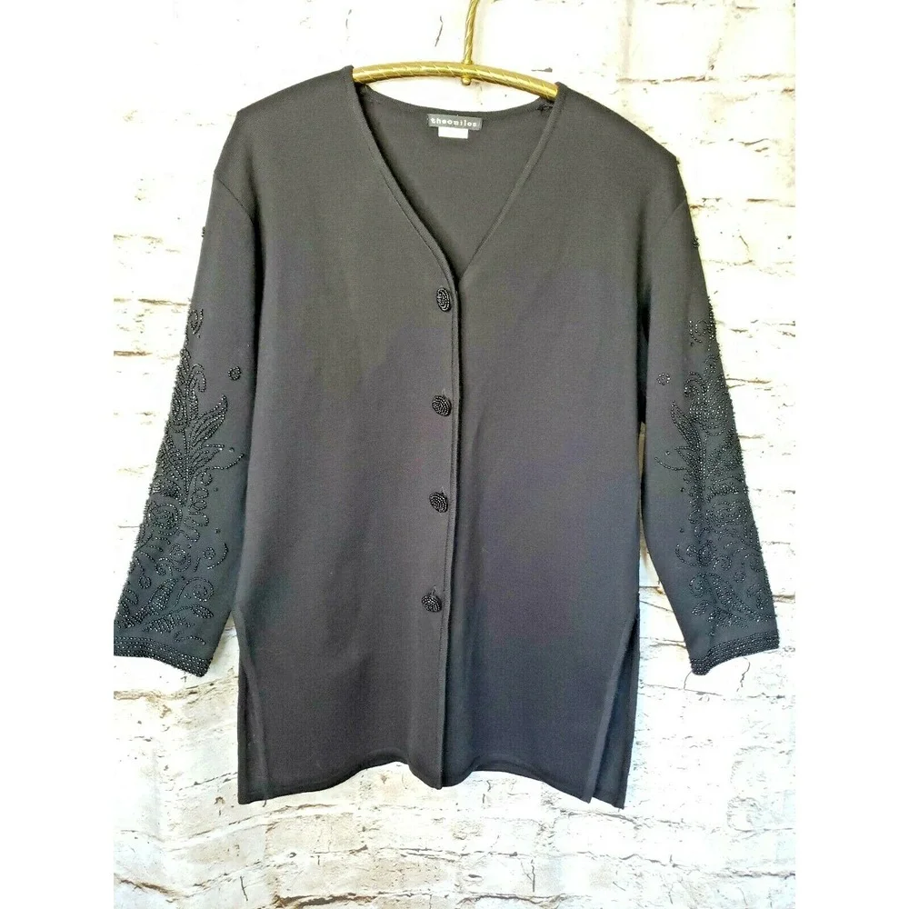 Woman's Theomiles  Black sweater with beaded sleeves sz M